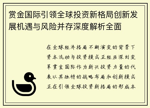 赏金国际引领全球投资新格局创新发展机遇与风险并存深度解析全面