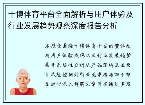 十博体育平台全面解析与用户体验及行业发展趋势观察深度报告分析